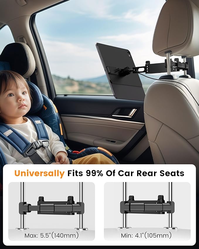 KU XIU Magnetic Wireless Charging Car Headrest Tablet Holder for iPad Pro 13'' M4/M5 Only, Adjustable Long Arm Tablet Car Mount Back Seat for Kids, Road Trip Essentials Holder with Air Vent Stand