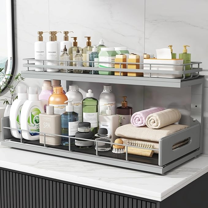 Under Sink Organizer Upgrade To Professional Rails,2-Tier Dual Pull Out Cabinet Storage,Height Adjustable Slide Out Drawers F