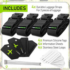 Untethered Ultimate Travel Set: 4 Premium Luggage Straps and 4 Silicone Tags - Secure & Identify Your Bags with Ease (Black +