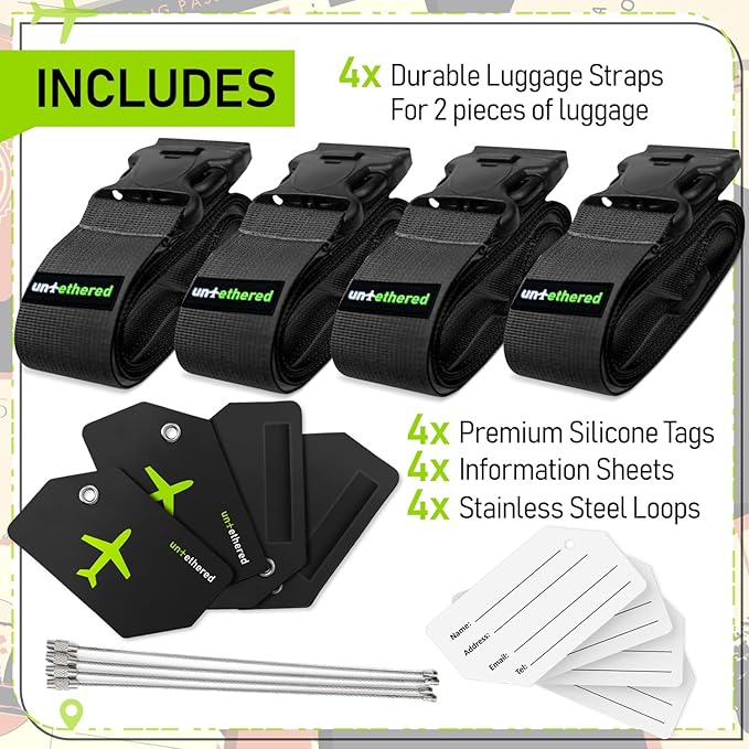 Untethered Ultimate Travel Set: 4 Premium Luggage Straps and 4 Silicone Tags - Secure & Identify Your Bags with Ease (Black +