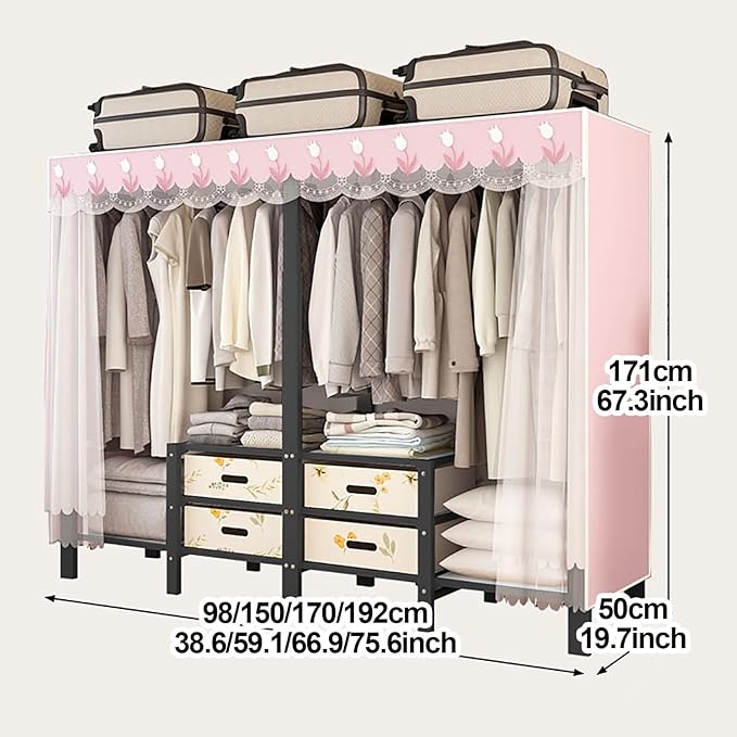 Foldable Portable Wardrobe Closet with Cover, Metal Garment Rack, Clothing Rack for Hanging Clothes, One-Piece Folding Base, 