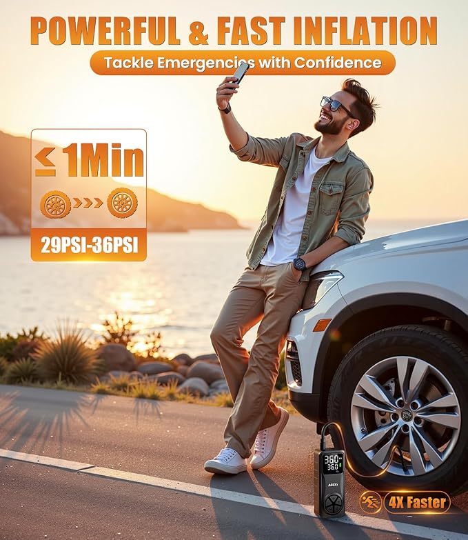 Powerful and fast inflation demonstration of portable tire inflator for car tires outdoors
