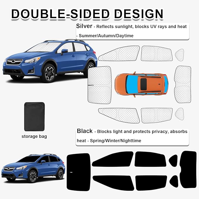 KMF 8pcs Thicken Sun Shades Custom Fit for Subaru Crosstrek 2013-2017 Accessories, Full Window Privacy Car Window Covers Sunshade for Windshield Side Rear, UV Block and Blackout for Camping Outdoor