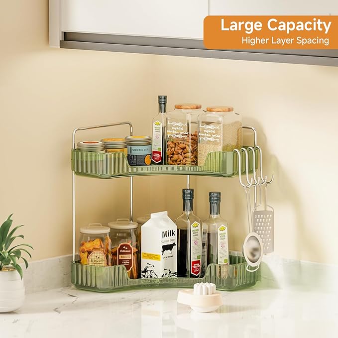 Corner Counter Organizer, 2-Tier Bathroom & Kitchen Storage Tray with Hooks | PET Green Vanity Organizer for Skincare, Makeup