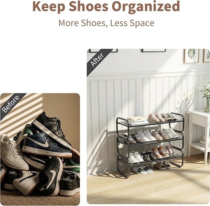 3 Tier Shoe Rack - Expandable Shoe Organizer for Closet, Adjustable Metal Shoe Shelf Storage, Stackable Long Shoe Stand Holde
