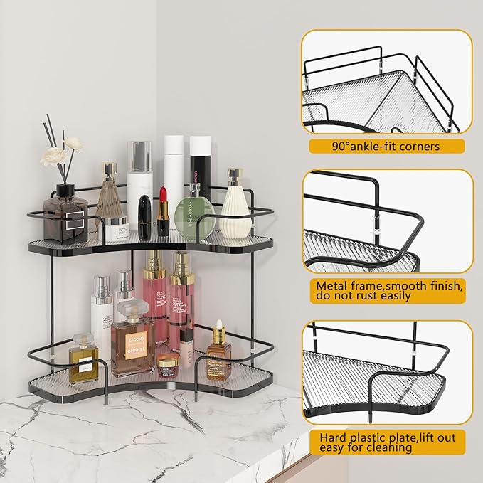 FOLLOWIN 2 Tier Bathroom Countertop Corner Organizer, Countertop Perfume Tray, Vanity Counter Shelf, Skincare Makeup Cosmetic