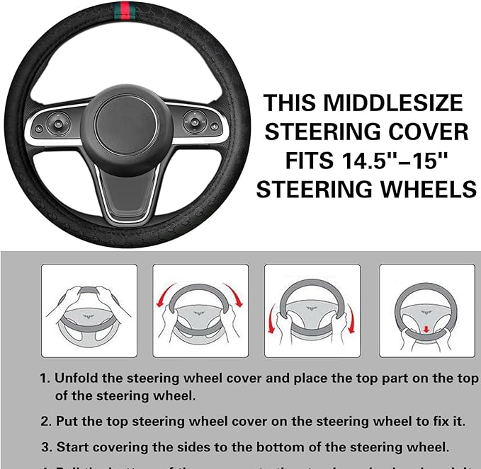 5PCS Steering Wheel Cover, with 2 Headrests, 2 Seat Belt Covers - Universal Fit for 14.5-15" Steering Wheel, Enhances Driving Experience - Perfect for Women (Black)