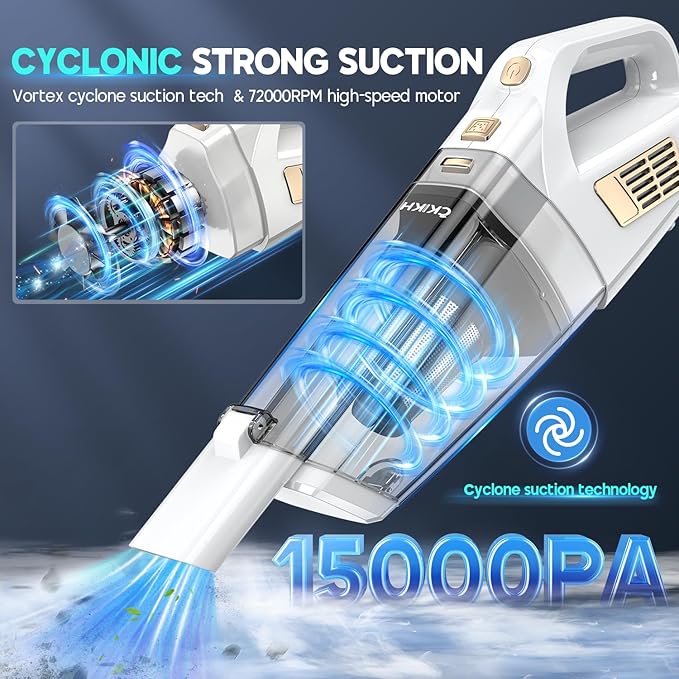 Handheld Vacuum Cordless, 15000PA Strong Suction Hand Held Car Vacuum Cleaner Portable with Multi-Nozzles & Washable Filter, 