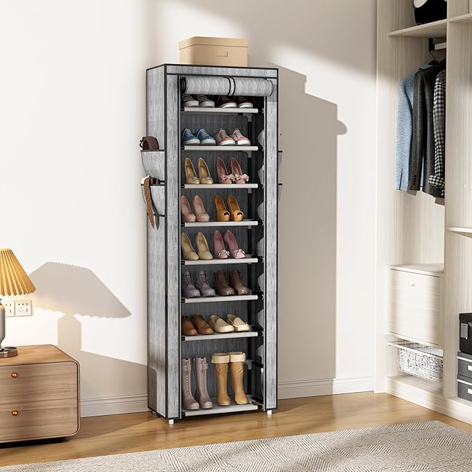 VILICK Shoe Rack with Cover Narrow Shoe Rack Organizer with 4 Side Pockets 10 Tier Tall Shoe Storage Shoe Shelf Holds 18-22 P