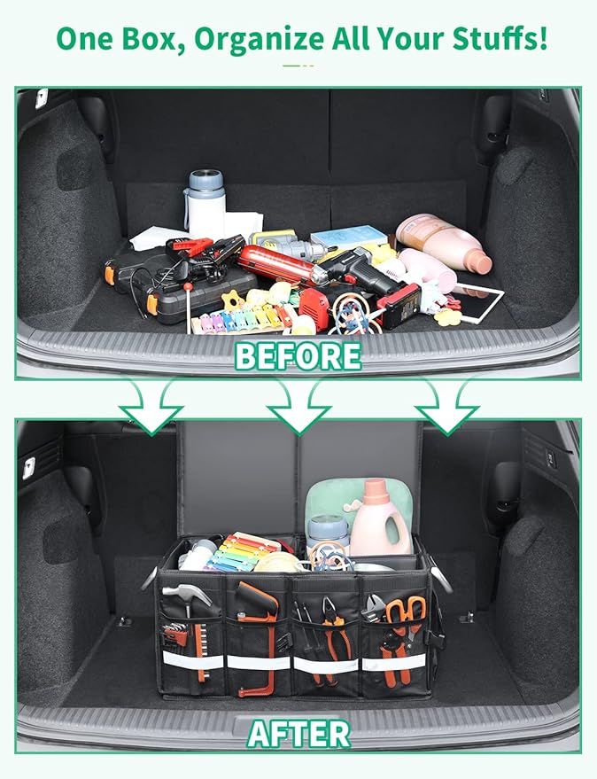 Oasser Trunk Organizer Cargo Organizer Trunk Storage Waterproof Collapsible Durable Multi Compartments with Foldable Hard Cover