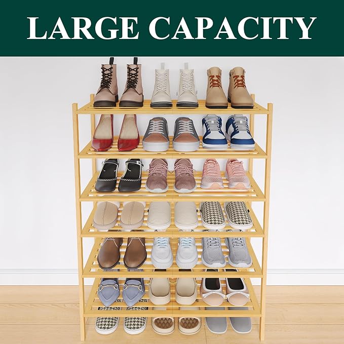 Smiry Bamboo Shoe Rack 6-Tier, Stackable Wooden Shoe Organizer for Entryway & Closet, Free Standing Wood Shoe Storage Shelf f