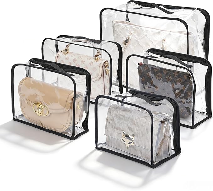 5 Pack Clear Dust Bags For Handbags,5-Sizes Purse Storage Organizers,Purse Protector Storage Bag with Zipper and Handle for c