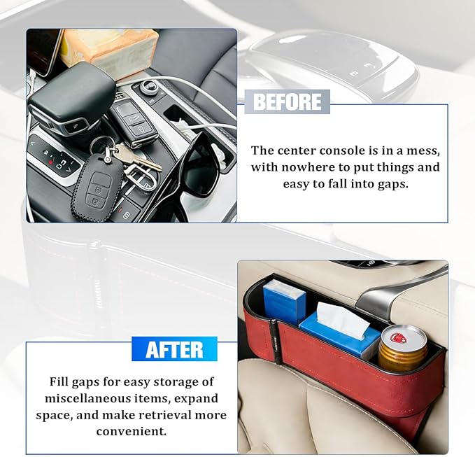 Car Seat Gap Filler Organizer with Cup Holder Expander, Leather Console Seam Filler Storage Box, Auto Front Seat Gap Organizer for Phones Keys Glasses, Universal Fit (Wine Red Driver)