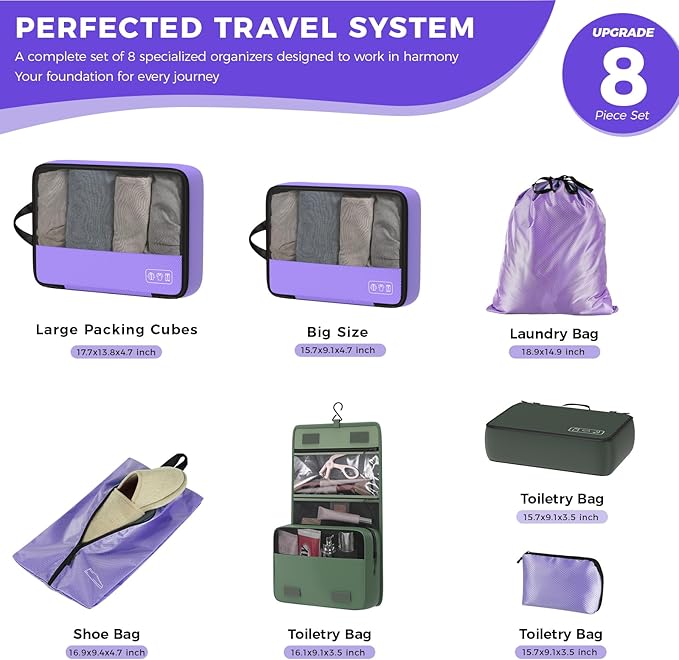 8-Piece Compression Packing Cubes for Travel, Elegant Ultralight Luggage Organizer Set for Women, Space Saving for Carry-On, 