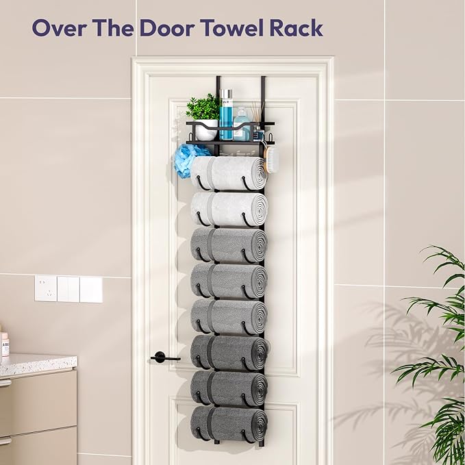 SWTYMIKI Over The Door Towel Rack - 9 Tier Towel Racks for Bathroom Wall Mounted, Towel Holder with Shelf, Hanging Rolled Tow