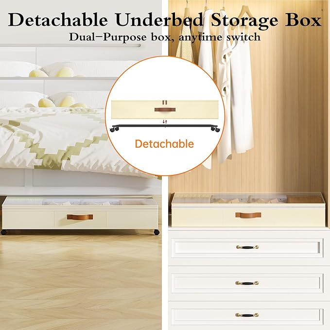 Yecaye Under Bed Storage with Wheels, 65L Under Bed Storage Containers with Adjustable Dividers & Clear Lid, Rolling Underbed