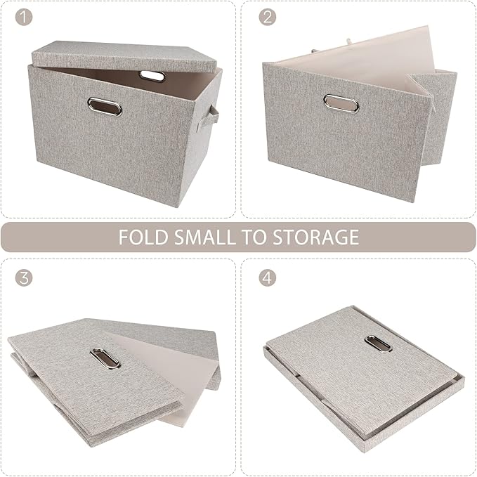 Graciadeco Large Quart Collapsible Stackable Storage Bins with Lids, 3 Packs Beige Linen Fabric Closet Boxes with Lids, Stora