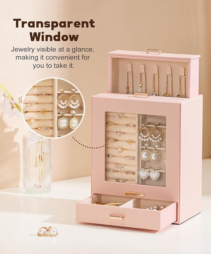 Homde Jewelry Organizer Girls Women Jewelry Box for Necklaces Rings Earrings Gift Bracelets Storage Case (Peach Pink + Gold)