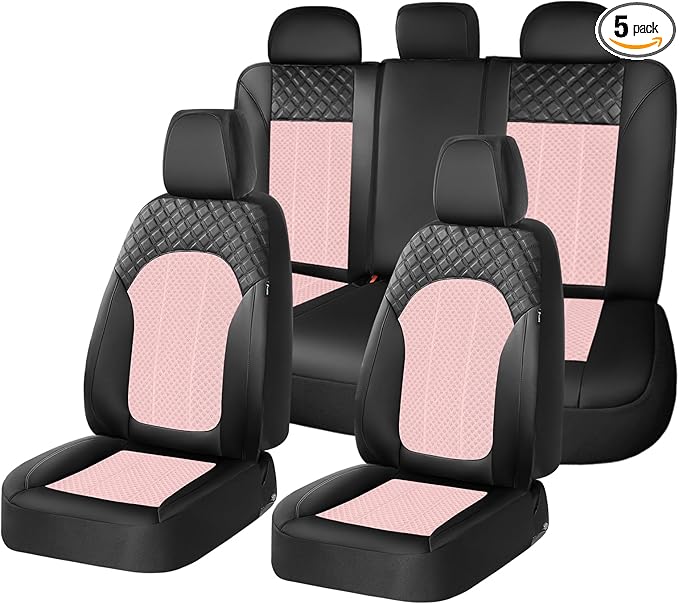 FLORICH Pink Car Seat Covers Full Set Leather Mesh Front and Rear Seat Cover Automotive Seat Cushion 5-Seat Driver Seat Cover