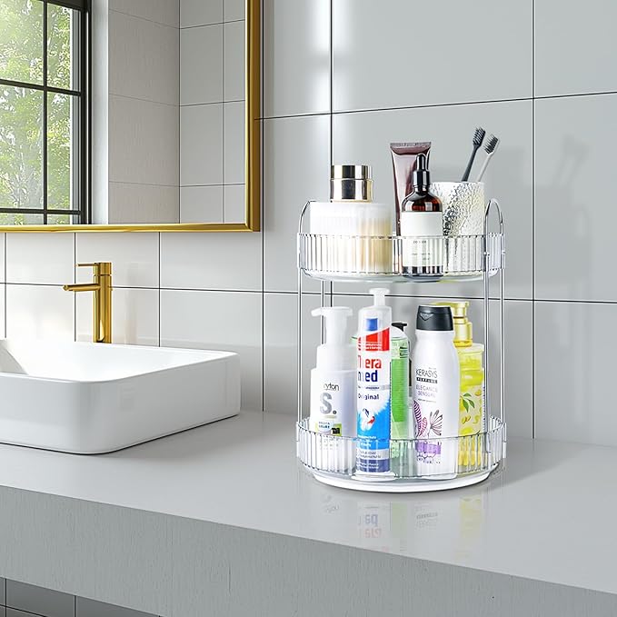 360 Rotating Makeup Organizer, 2 Tier Lazy Susan Bathroom Counter Organizer, Skincare Organizers, Spinning Perfume Organizer 