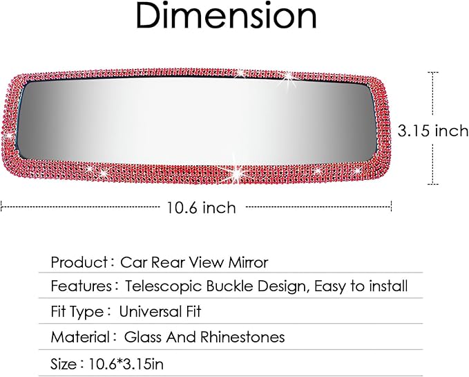 Bling Rhinestone Car Rear View Mirror - Crystal Diamond Decor for Women - Stylish Automotive Interior Accessory (Red)