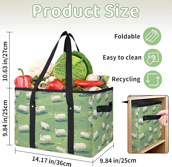 Reusable Grocery Bags Heavy Duty Shopping Bags Foldable Large Tote Bags with Long Handles & Hard Bottom