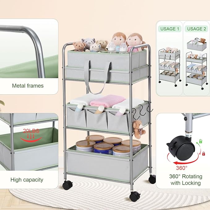 FoldTier 2in1 Colorful Baby Diaper Caddy Organizer Cart 3 Tier Large Capacity Metal Utility Bedside Rolling Cart with Divider