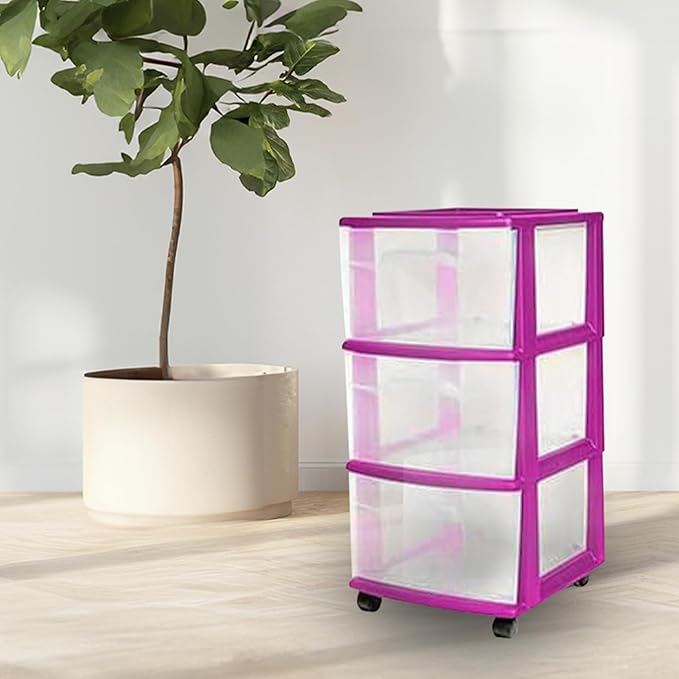 HOMZ 2-Pack Drawer Tower, 3-Tier Clear Plastic Storage Organizer Cart, Purple Frame - Organizing Containers with Wheels for H