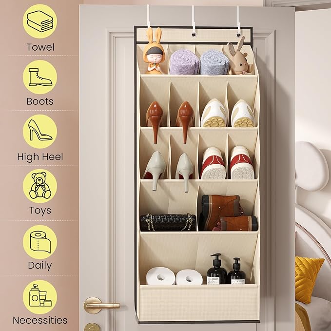 15 Pockets Over the Door Shoe Organizer, Shoe Rack for Closet Door with Large Breathable Pockets, Hanging Shoes Rack for Boot