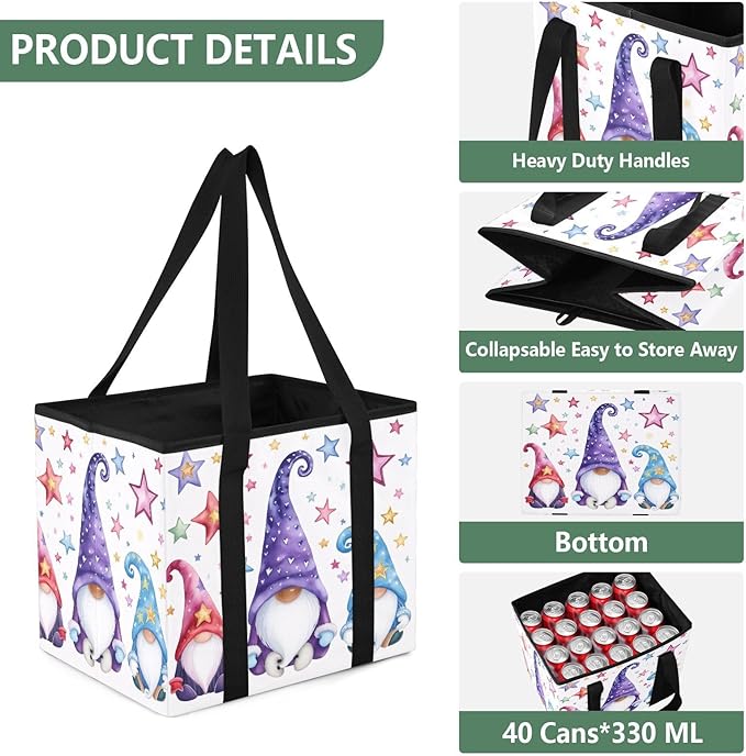 Three Cute Gnome Reusable Grocery Bags Large Shopping Tote Bag with Reinforced Bottom Board, Water Resistant Foldable Storage