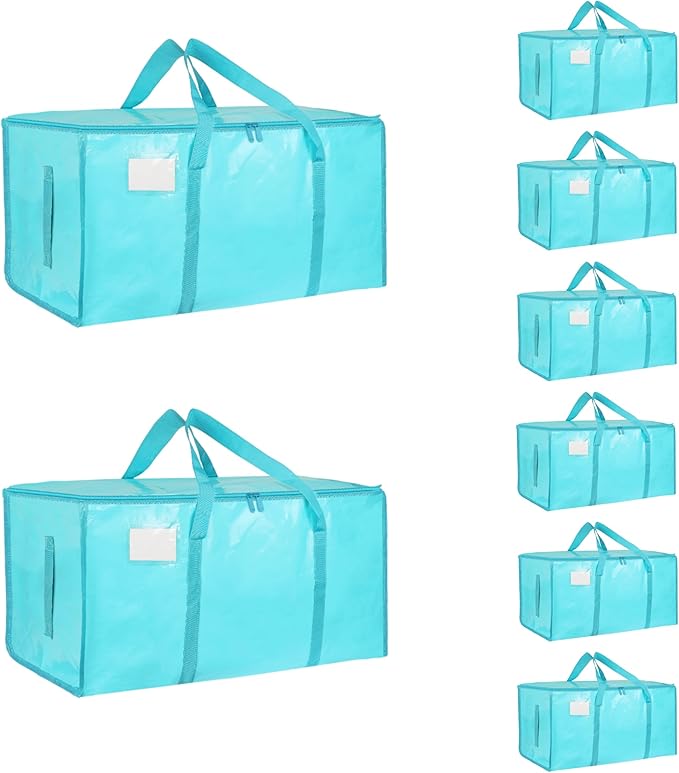 8 Pack-Extra Large Heavy Duty Moving Bags - Waterproof Storage Totes with Handles & Zippers, Foldable for College Dorm, Stora