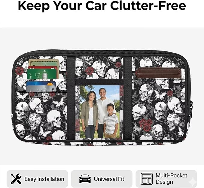 Skull Tactical Gear Organizer Car Sun Visor with Picture Holder Zipper Pouch Storage Bags with Adjustable Straps and Multi-Pocket Easy Installation Universal Fit for Most Cars SUV