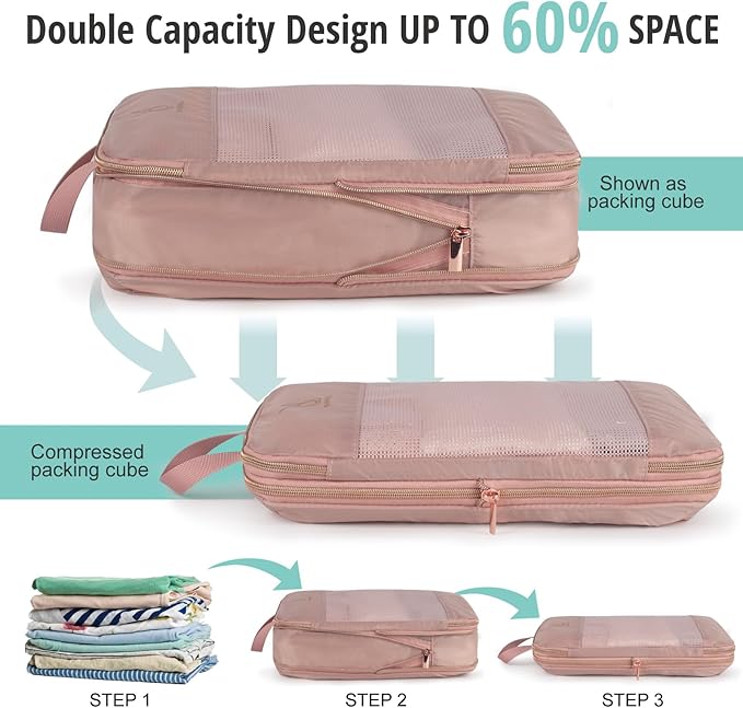 Compression Packing Cubes for Travel, Bunnychill Portable Zipper Packing Cube for Cloting, Expandable Space Saver Storage Lug