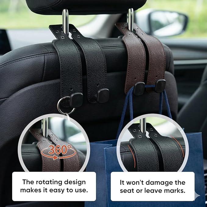 Headrest Hooks for Car, 4 Pack Car Seat Back Organizer Storage Hook, Double Hook Leather Car Seat Hooks for Purses and Bags, Groceries, and Accessories (Black*2+Brown *2)