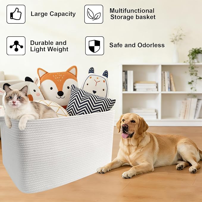 96L Large Blanket Basket,24"x16"x15"Rectangle Storage Bin with Handles,Woven Rope Laundry Basket for Toys, Clothes,Magazines,