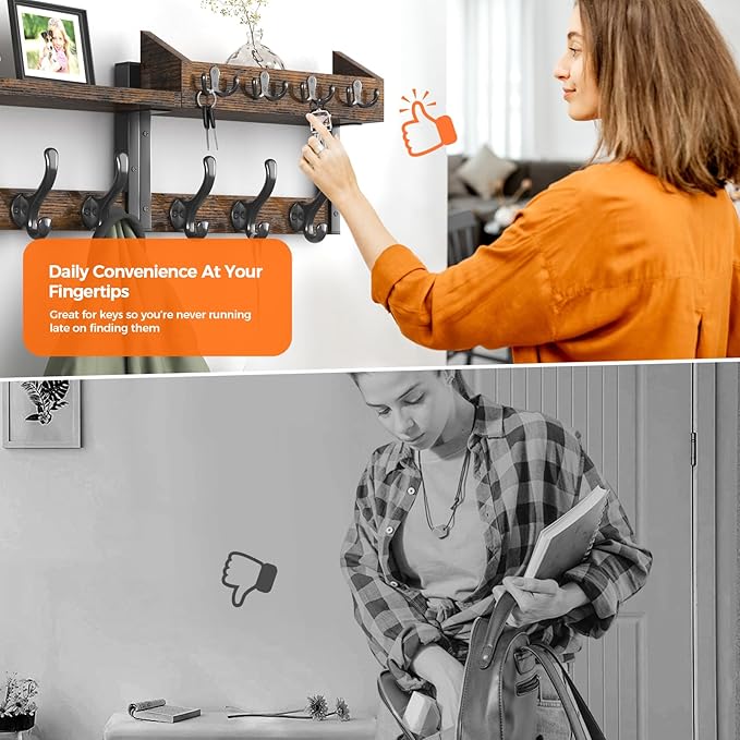 Evermagin 29" Coat Rack Wall Mount with Shelf, 4 in 1 Coat and Key Hanger with 11 Metal Hooks, Entryway Wall Mounted Shelf wi