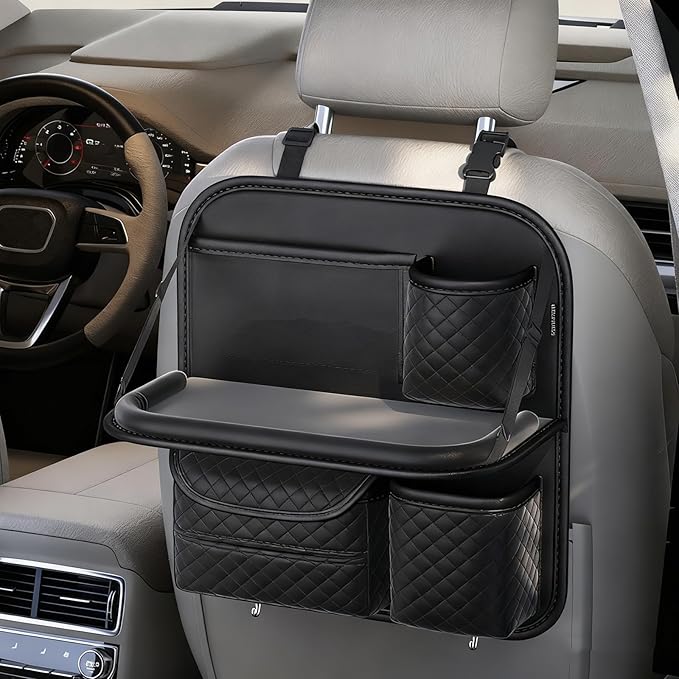 Leather Car Backseat Organizer with Foldable Table Tray, Hanging Car Storage Bag with Tablet Holder, Car Seat Back Protectors Kick Mats Travel Accessories (1)