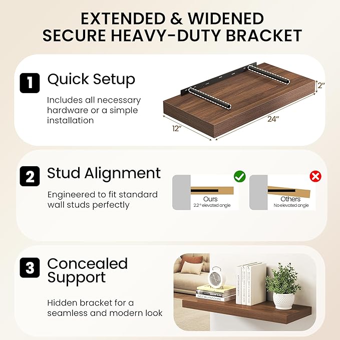 40Inch Walnut Floating Shelves for Wall, 12 Inch Deep Shelves for Bedroom, Kitchen, Bathroom Wall Mounted, Rustic Wood Floati