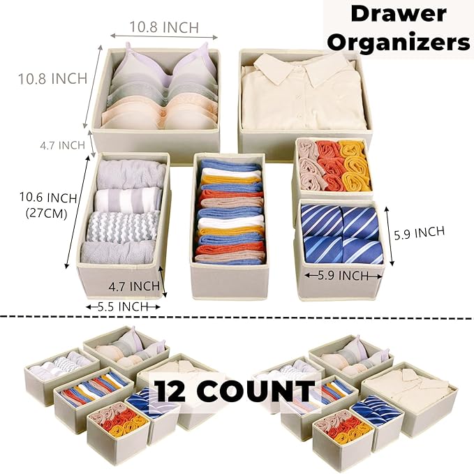 Fordonral 12 Pack Drawer Organizer Clothes, Foldable Fabric Dresser Organizer Closet Organizers and Storage Box for Underwear