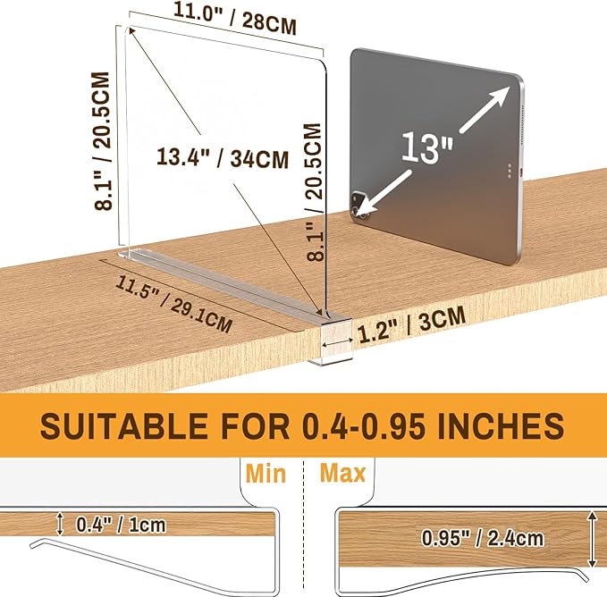 12 Pack Closet Shelf Dividers Organizer Purse Clothes Organization Acrylic Clear Tall Divider Separators for Wood Wire Thick 