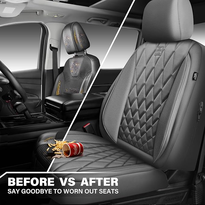 CAR PASS Piping Luxury PU Leather Two Front Car Seat Covers, Waterproof Anti Slip Seat Covers Compatible with Front Seat Armr