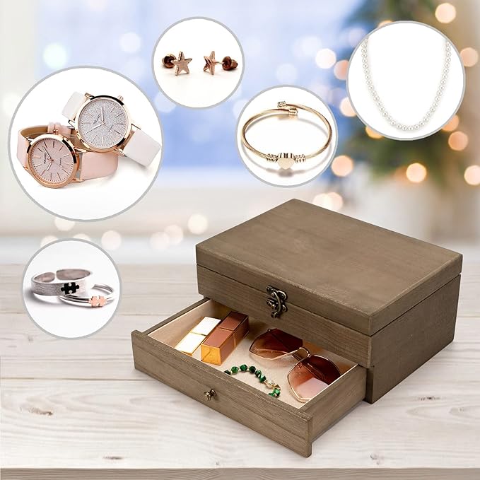 Pinzoveco Jewelry Box for Women, Rustic Wooden Jewelry Organizer Box for Storage Earrings Rings Necklace Bracelet, Farmhouse 
