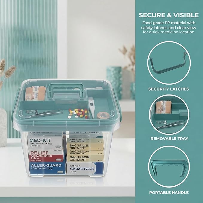 Pulseplay Clear Medicine Organizer Storage Box with Handle Medicine Organizer Box with Removable Tray Multipurpose Medicine C