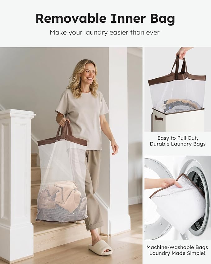 SOLEDI Slim Laundry Hamper with Lid, Narrow Laundry Basket with Removable Bags, Dirty Clothes Hamper with handle, Small Hampe