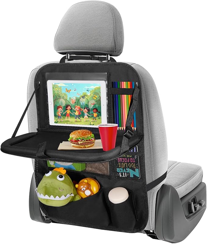 Back Seat Car Organizer with Tablet Holder, 6 Storage Pockets Car Storage Organizer with Foldable Food Tray, Car Seat Back Protectors Kids Car Kick Mats for Travel