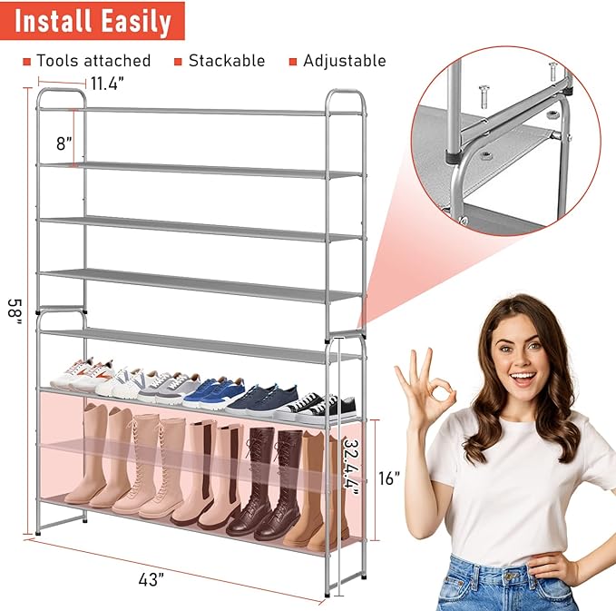 MISSLO 4 Tier Long Shoe Organizer for Closet Shoe Rack for Bedroom Closet Floor Shoe Shelf for Entryway Storage Stackable Wid