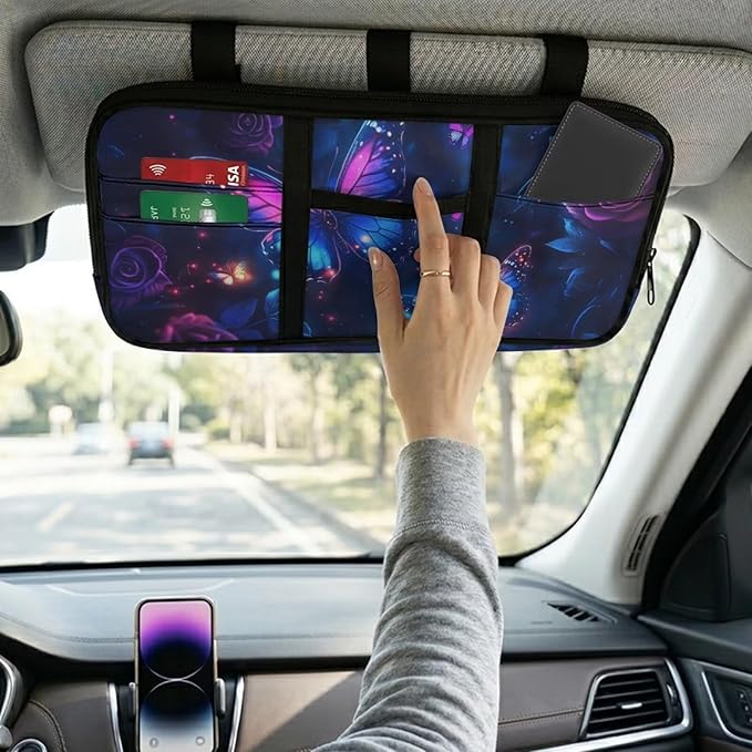 Purple Butterfly Car Sun Visor Organizer Scratch-Resistant Sun Visor Storage Pouch with Zipper, Gothic Auto Interior Accessories for Car, SUV, Truck Keep Your Vehicle Tidy