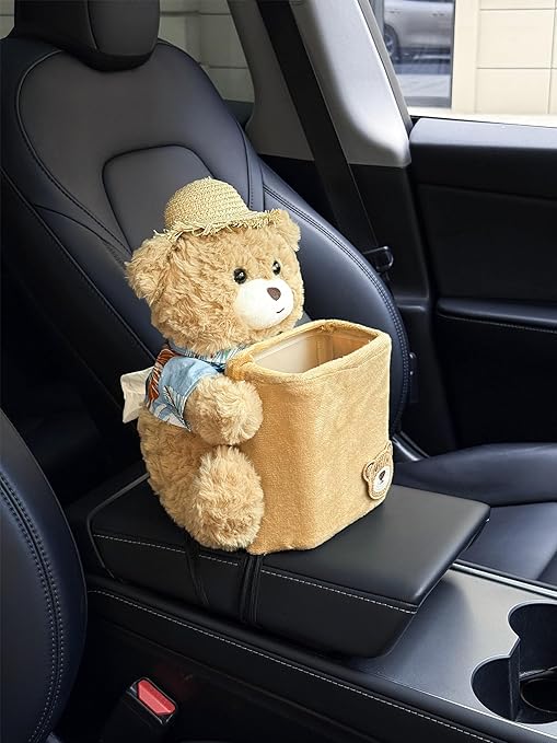 Cute Plush 2 in 1 Car Tissue Box and Trash Can Teddy Bear Tissue Box Plush Animals Cute Holder Plushie Multifunctional Organizer Creative Accessories for Women,Straw Hat Bear