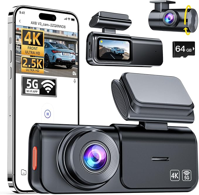AXB Dash Cam Front and Rear: 4K+2.5K Dashcam with 5G WiFi APP Control & 64GB Card - Dual Dash Camera for Cars with 24H Parkin