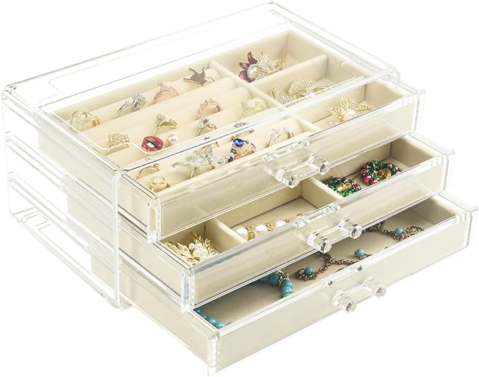 Weiai Acrylic Jewelry Box 3 Drawers, Velvet Jewellery Organizer, Earring Rings Necklaces Bracelets Display Case Gift for Wome